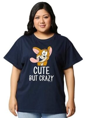 Boof Official Tom & Jerry Merchandise Women's Graphic Printed Boyfriend Fit Half Sleeve Round Neck Cotton Jersey Plus Size T-Shirt