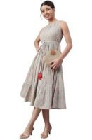 Janasya Women's Mint Green Cotton Floral Block Print Tiered Midi Dress