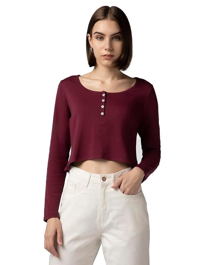 FYLTR Women's Casual Henley Crop Top -100% Cotton Full Sleeves | Fitted Length | Tops for Women Western | Women t Shirt
