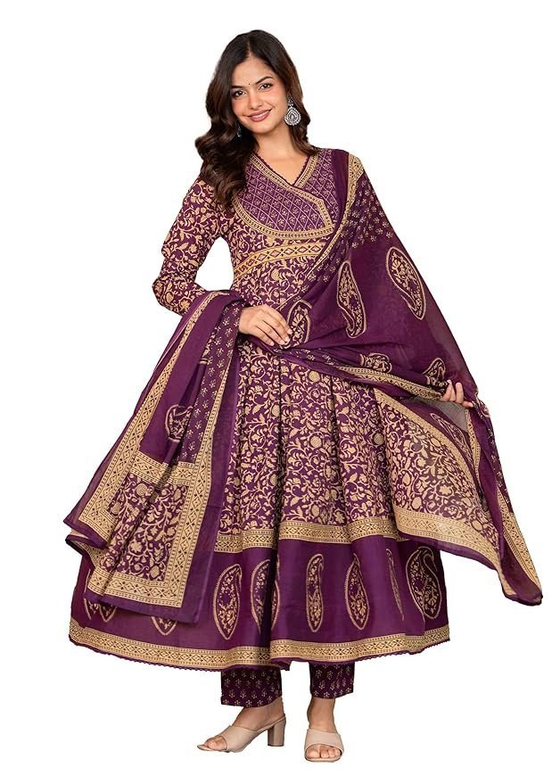 Pistaa's Women's Pure Cotton Anarkali Floral Printed Hand Work Kurta with Pant & Dupatta Set