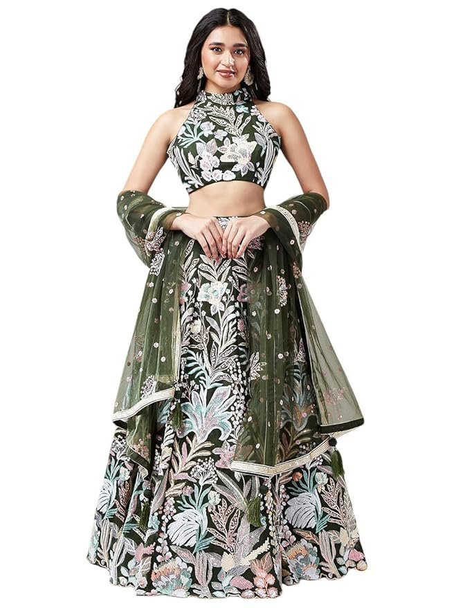 Zeel Clothing Women's Net Sequins Embroidered Soft Net Semi Stitched Lehenga Choli With Dupatta