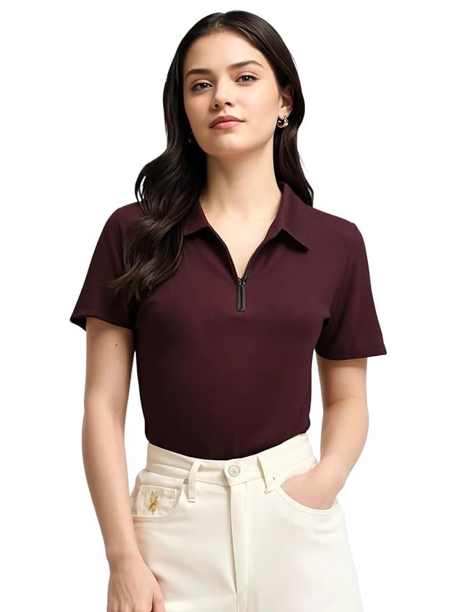 Mack Jonney Ribbed |Regular Fit | Half Sleeves 100% Cotton Polo Neck Self Design with Zip T-Shirt for Women-M919