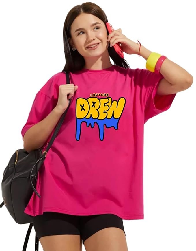 LEOTUDE Women's Cotton Oversized Fit Half Sleeve Oversized Tshirt, Round Neck Longline Drop Shoulder | ful Printed T-Shirt